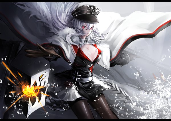 Anime-Bild 3541x2508 mit azur lane graf zeppelin (azur lane) ichinose rom single long hair fringe highres breasts light erotic hair between eyes red eyes large breasts absurdres cleavage silver hair letterboxed spread arms girl gloves pantyhose