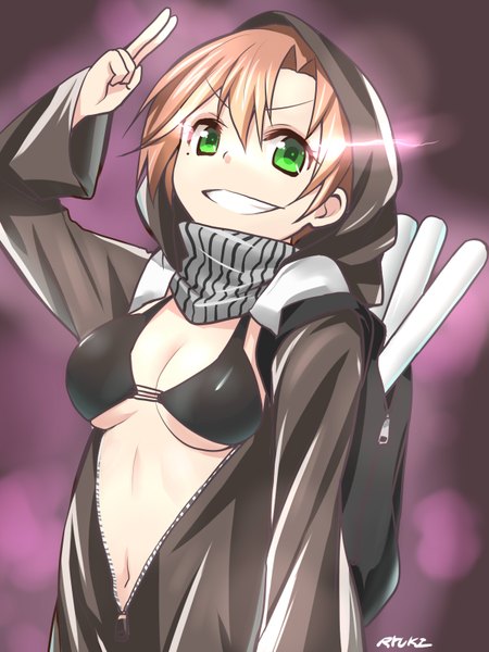Anime picture 1200x1600 with kantai collection akigumo destroyer ryuki (ryukisukune) single tall image fringe breasts light erotic simple background smile hair between eyes brown hair green eyes signed payot looking away arm up orange hair wide sleeves open jacket