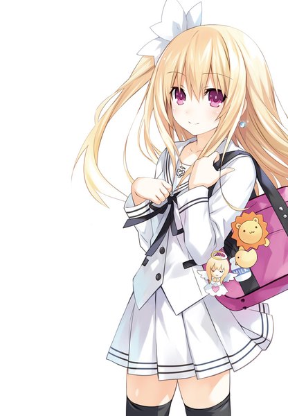 Anime picture 750x1082 with date a live mayuri (date a live) tsunako single long hair tall image looking at viewer blush blonde hair smile white background purple eyes holding pleated skirt one side up hand on chest girl thighhighs skirt uniform