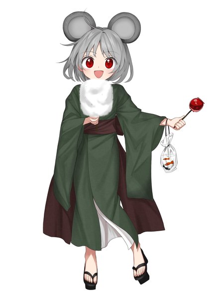 Anime picture 1523x2048 with touhou nazrin keiki8296 single tall image looking at viewer short hair open mouth simple background smile red eyes standing white background animal ears full body traditional clothes :d japanese clothes grey hair alternate costume