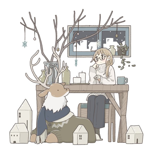 Anime picture 2048x2048 with original east sha2 single long hair highres simple background brown hair white background sitting long sleeves black eyes bare tree girl plant (plants) animal tree (trees) glasses shoes window pants