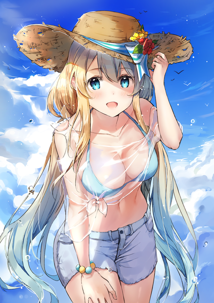 Anime picture 1200x1697 with original cherim single long hair tall image looking at viewer blush fringe breasts open mouth blue eyes light erotic blonde hair smile hair between eyes standing twintails sky cleavage cloud (clouds)