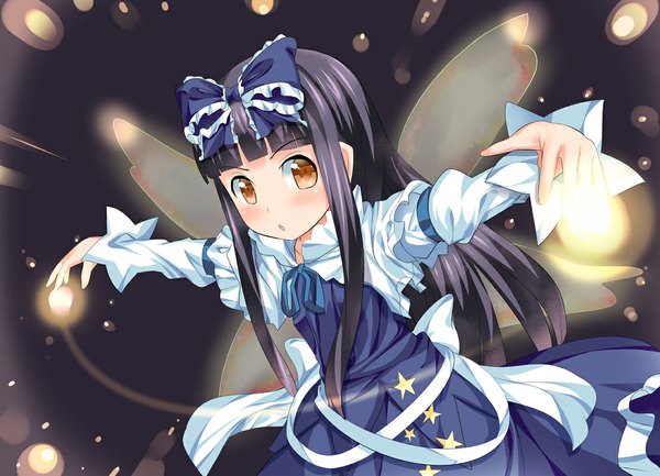 Anime picture 1108x800 with touhou star sapphire takasaka donten long hair black hair orange eyes loli magic spread arms girl dress bow wings star (symbol)