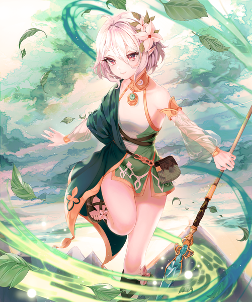 Anime picture 2928x3508 with princess connect! re:dive princess connect! kokkoro (princess connect!) buri (retty9349) single tall image looking at viewer blush fringe highres short hair light erotic hair between eyes red eyes standing payot sky silver hair cloud (clouds) bent knee (knees)