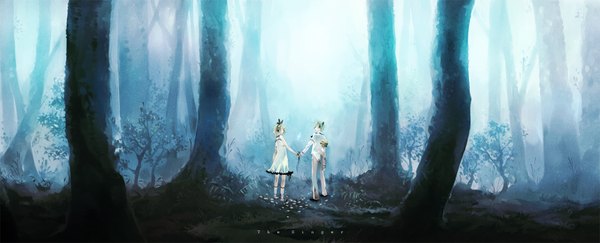 Anime picture 1722x700 with vocaloid kagamine rin kagamine len kaninnvven highres short hair blonde hair wide image profile inscription holding hands twins girl boy flower (flowers) bow plant (plants) hair bow tree (trees) socks