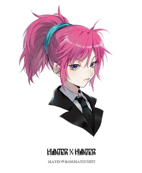 Anime picture 974x1181 with hunter x hunter machi (hunter x hunter) ekita xuan single tall image looking at viewer fringe short hair blue eyes simple background hair between eyes white background payot pink hair upper body ponytail parted lips copyright name character names portrait