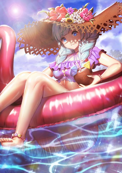 Anime picture 2480x3508 with original y.i. (lave2217) single long hair tall image looking at viewer fringe highres blue eyes light erotic holding sky cloud (clouds) ass braid (braids) aqua hair sparkle shadow twin braids afloat