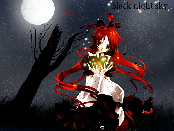 Anime picture 1024x768 with aquarian age mynameismimoxxx asagi sakura single looking at viewer green eyes red hair very long hair night third-party edit bare tree girl plant (plants) tree (trees) moon grass full moon