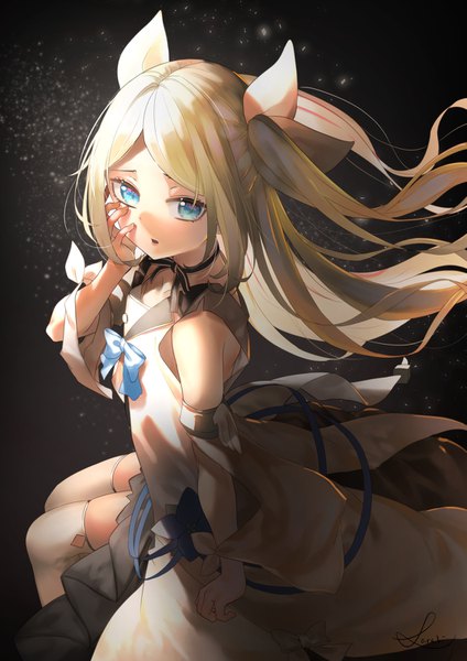 Anime picture 1131x1600 with original saraki single long hair tall image looking at viewer fringe open mouth blue eyes simple background blonde hair sitting bare shoulders signed payot bent knee (knees) :o sparkle two side up floating hair