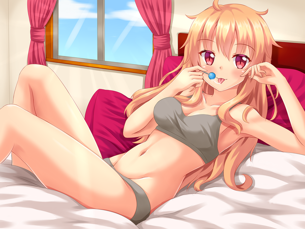 Anime picture 1600x1200 with original tiffy nottytiffy single long hair looking at viewer blush fringe light erotic blonde hair hair between eyes red eyes underwear only groin saliva reclining messy hair girl navel underwear
