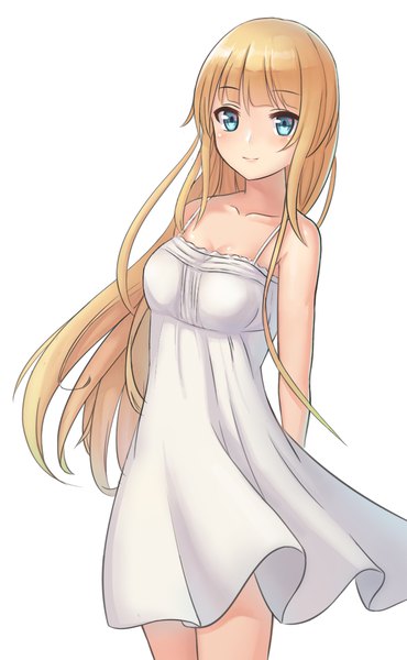 Anime picture 1200x1945 with original yahiro (666131415) single long hair tall image looking at viewer blush fringe breasts blue eyes simple background blonde hair standing white background cleavage blunt bangs light smile hands behind back girl dress