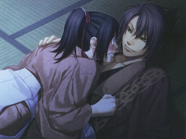 Anime picture 1023x765 with hakuouki shinsengumi kitan studio deen okita souji (hakuouki) chizuru yukimura blush short hair open mouth black hair smile brown eyes green eyes ponytail lying traditional clothes japanese clothes scan couple face to face girl boy