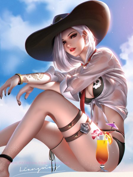Anime picture 900x1200 with overwatch blizzard entertainment ashe (overwatch) liang xing single tall image looking at viewer fringe short hair breasts light erotic red eyes large breasts sitting bare shoulders signed sky cleavage silver hair cloud (clouds)