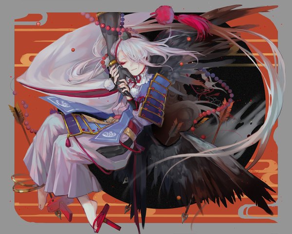 Anime picture 1500x1201 with touken ranbu nitroplus ima-no-tsurugi iwatooshi guan tang baozi fringe red eyes white hair very long hair traditional clothes japanese clothes hair over one eye multiple boys framed black wings albino boy wings 2 boys beads