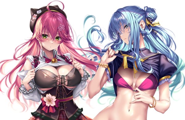 Anime picture 5705x3710 with virtual youtuber hololive hoshimachi suisei sakura miko piromizu long hair looking at viewer blush fringe highres breasts blue eyes light erotic simple background hair between eyes large breasts standing white background multiple girls green eyes