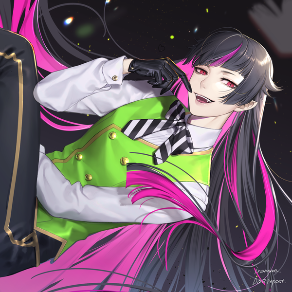 Anime picture 2119x2119 with twisted wonderland lilia vanrouge inanome me single looking at viewer highres open mouth black hair pink hair very long hair :d pink eyes multicolored hair pointy ears two-tone hair fang (fangs) finger to mouth alternate hairstyle colored inner hair vampire