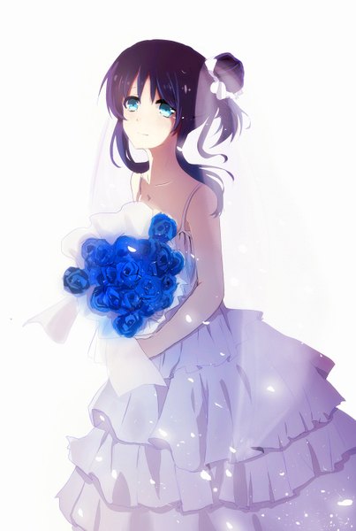 Anime picture 1000x1488 with nagi no asukara p.a. works hiradaira chisaki donkey frist single long hair tall image looking at viewer highres simple background standing white background purple hair aqua eyes light smile hair bun (hair buns) tears wedding girl dress