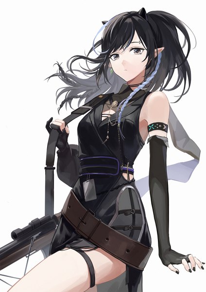 Anime picture 1240x1754 with arknights blacknight (arknights) sensu single long hair tall image black hair simple background white background looking away ponytail nail polish horn (horns) pointy ears black eyes piercing black nail polish eyebrow piercing girl gloves