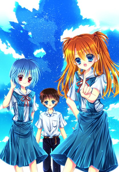 Anime-Bild 1200x1725 mit neon genesis evangelion gainax soryu asuka langley ayanami rei shikinami asuka langley ikari shinji momomiya mion long hair tall image blush short hair open mouth blue eyes black hair smile red eyes multiple girls blue hair sky cloud (clouds)