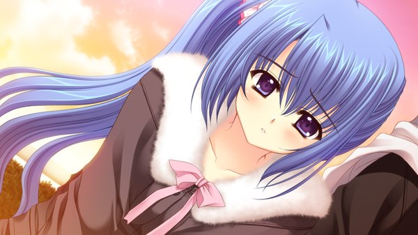 Anime picture 1280x720 with world wide love! (game) munemoto tsubakiko long hair blue eyes wide image blue hair game cg ponytail side ponytail girl bow