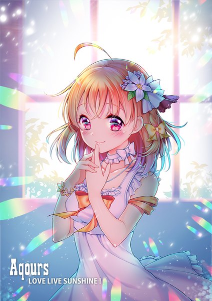 Anime picture 700x990 with love live! sunshine!! sunrise (studio) love live! takami chika p@nda single tall image looking at viewer blush short hair smile upper body ahoge pink eyes orange hair copyright name finger to mouth girl dress bow