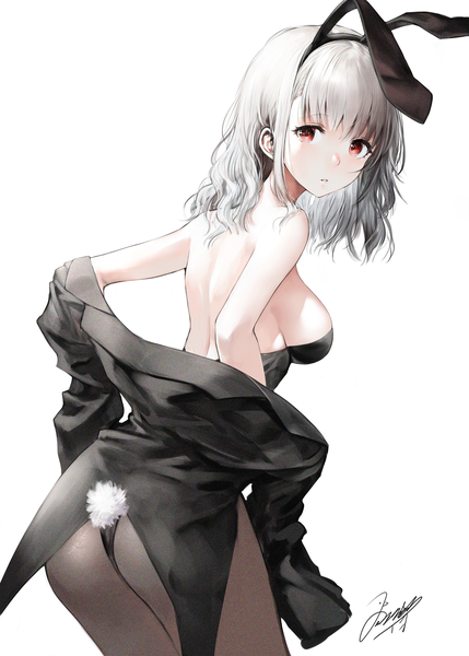 Anime picture 2145x3000 with original iori (cpeilad) single long hair tall image looking at viewer blush fringe highres breasts light erotic hair between eyes red eyes standing bare shoulders signed animal ears silver hair ass tail