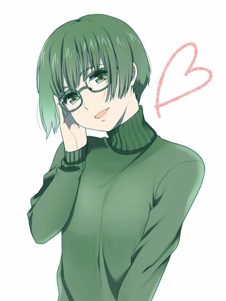 Anime picture 650x866 with original mattaku mousuke single tall image looking at viewer fringe short hair open mouth simple background white background green eyes head tilt green hair light smile adjusting glasses girl glasses heart turtleneck