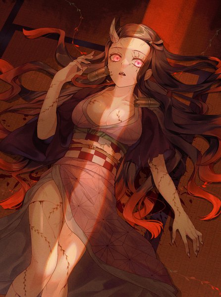 Anime picture 1503x2020 with kimetsu no yaiba ufotable kamado nezuko niza023 single long hair tall image looking at viewer breasts light erotic brown hair large breasts lying traditional clothes japanese clothes pink eyes multicolored hair horn (horns) two-tone hair on back