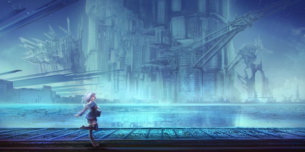 Anime picture 2500x1250 with original tenmaso single long hair highres wide image looking away silver hair profile girl thighhighs black thighhighs shorts boots building (buildings) bag crane