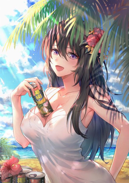 Anime picture 1000x1414 with original moyu single long hair tall image looking at viewer blush fringe breasts open mouth light erotic black hair smile hair between eyes large breasts standing purple eyes bare shoulders holding sky