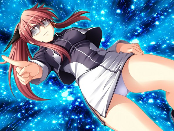 Anime picture 1024x768 with uchu keiji soldiva (game) single blue eyes light erotic game cg red hair pantyshot girl glasses