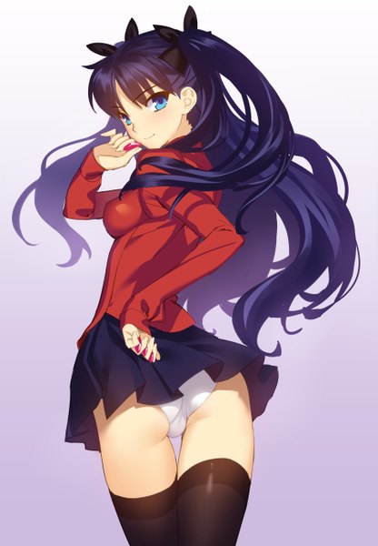 Anime picture 900x1296 with fate (series) fate/stay night type-moon toosaka rin yangsion single long hair tall image blue eyes light erotic black hair looking back shadow pantyshot girl thighhighs skirt underwear panties bow
