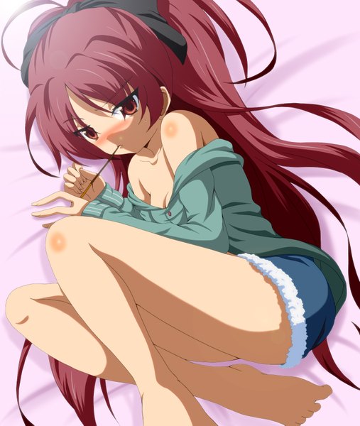 Anime picture 1466x1733 with mahou shoujo madoka magica shaft (studio) sakura kyouko dr. cryptoso single long hair tall image blush light erotic red eyes bare shoulders ponytail red hair loli legs mouth hold bow hair bow sweets pocky