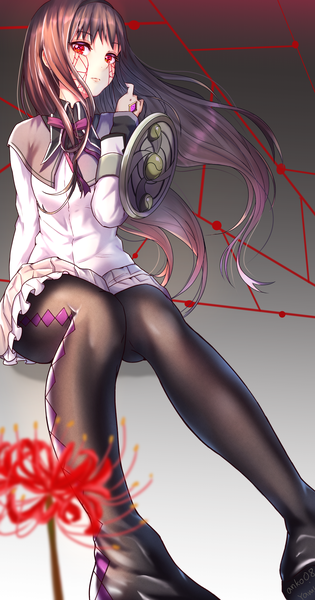 Anime picture 2894x5504 with mahou shoujo madoka magica shaft (studio) akemi homura yami anko single long hair tall image looking at viewer fringe highres breasts red eyes brown hair sitting signed long sleeves head tilt pleated skirt arm up arm support