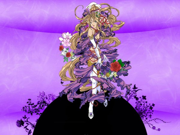 Anime picture 1280x960 with aa megami-sama anime international company belldandy single blonde hair full body very long hair girl gloves flower (flowers) pantyhose elbow gloves white gloves rose (roses) white pantyhose