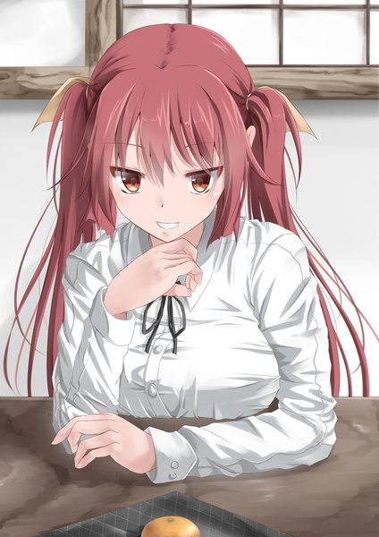 Anime picture 1654x2339 with original inudzuka ringo single long hair tall image looking at viewer blush fringe breasts smile hair between eyes red eyes large breasts twintails payot upper body red hair indoors arm support girl