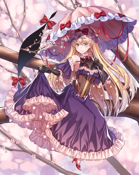 Anime picture 1590x2000 with touhou yakumo yukari gem oblivion single tall image fringe blonde hair smile hair between eyes yellow eyes looking away full body very long hair cherry blossoms frilled dress underbust tree sitting girl dress gloves