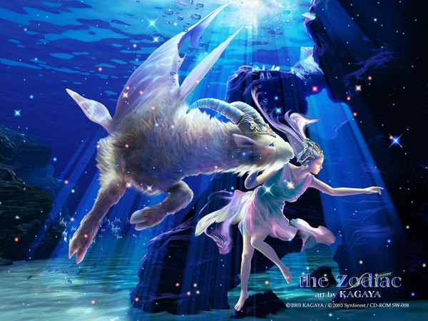 Anime picture 1600x1200 with kagaya long hair blue eyes bare shoulders purple hair barefoot horn (horns) realistic underwater 3d zodiac capricorn (zodiac) girl earrings animal water tiara