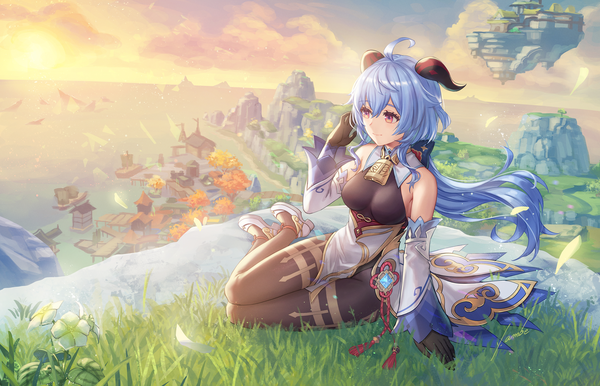 Anime picture 4502x2894 with genshin impact ganyu (genshin impact) anbe yoshirou single long hair fringe highres breasts hair between eyes sitting purple eyes blue hair looking away absurdres sky cloud (clouds) full body ahoge outdoors arm up