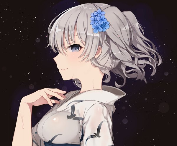 Anime picture 1113x922 with kantai collection kashima training cruiser oniku (oishii oniku) single looking at viewer blush fringe breasts smile hair between eyes silver hair upper body ponytail traditional clothes japanese clothes profile hair flower wind night wet