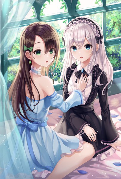 Anime picture 4500x6649 with original gongha long hair tall image looking at viewer blush fringe highres open mouth blue eyes hair between eyes brown hair sitting multiple girls green eyes absurdres silver hair indoors long sleeves turning head