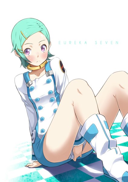 Anime picture 693x984 with eureka seven studio bones eureka yuuzii single tall image blush short hair light erotic simple background white background sitting purple eyes looking away aqua hair embarrassed copyright name eyebrows covering checkered floor