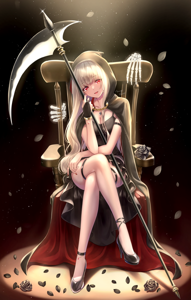 Anime picture 1547x2430 with original amagi shino single long hair tall image looking at viewer fringe breasts open mouth simple background blonde hair smile red eyes sitting holding cleavage full body blunt bangs nail polish head tilt