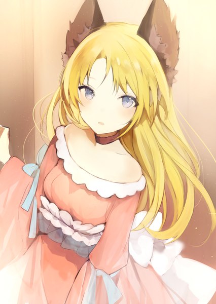 Anime picture 596x839 with original lpip single long hair tall image looking at viewer blush fringe open mouth blue eyes blonde hair standing animal ears payot indoors wide sleeves floating hair frilled dress girl dress