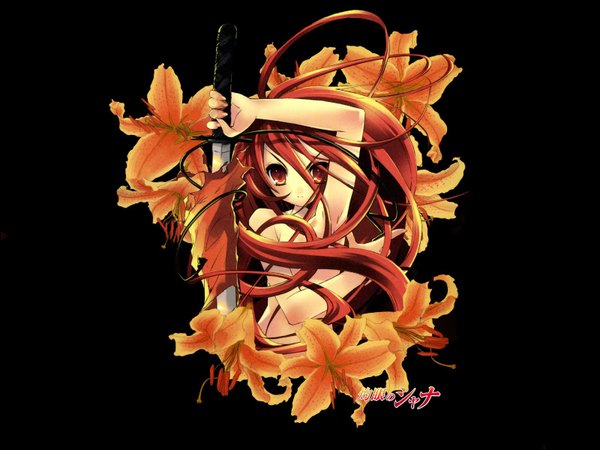 Anime picture 1600x1200 with shakugan no shana j.c. staff shana itou noiji light erotic official art black background flower (flowers) sword