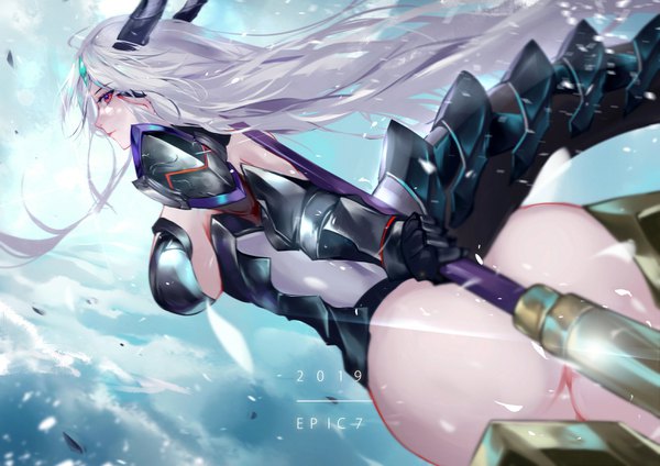 Anime picture 3111x2200 with epic seven luna (epic7) vardan single long hair looking at viewer highres breasts light erotic red eyes large breasts holding payot absurdres silver hair ass tail profile looking back horn (horns)