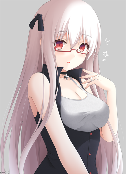Anime picture 1270x1750 with girls frontline kar98k (girls frontline) keenh single long hair tall image looking at viewer blush fringe breasts open mouth simple background hair between eyes standing bare shoulders signed payot cleavage upper body white hair