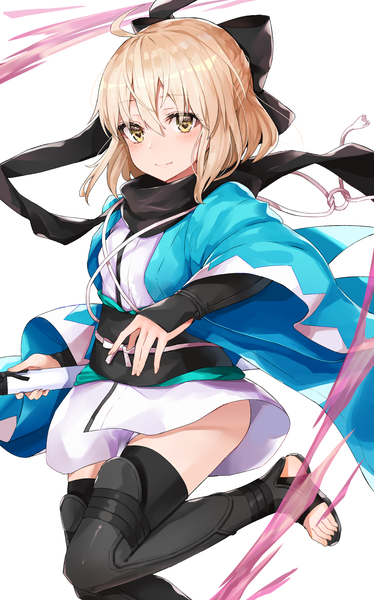 Anime picture 1605x2576 with fate (series) fate/grand order okita souji (fate) (all) okita souji (koha-ace) black cola single tall image fringe short hair simple background blonde hair hair between eyes white background yellow eyes ahoge traditional clothes japanese clothes light smile symbol-shaped pupils half updo