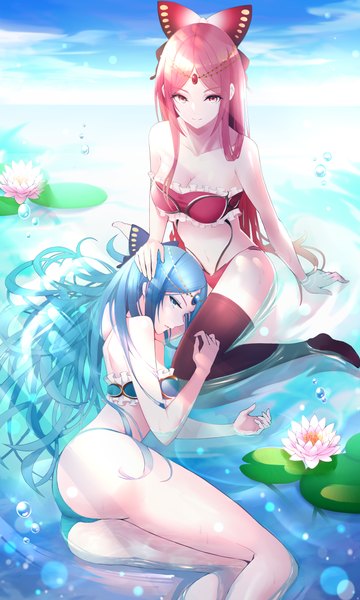 Anime picture 3000x5000 with houchi shoujo daikyou (houchi shoujo) shoukyou (houchi shoujo) boa sorte long hair tall image looking at viewer fringe highres breasts blue eyes light erotic sitting multiple girls payot blue hair pink hair sky cleavage full body