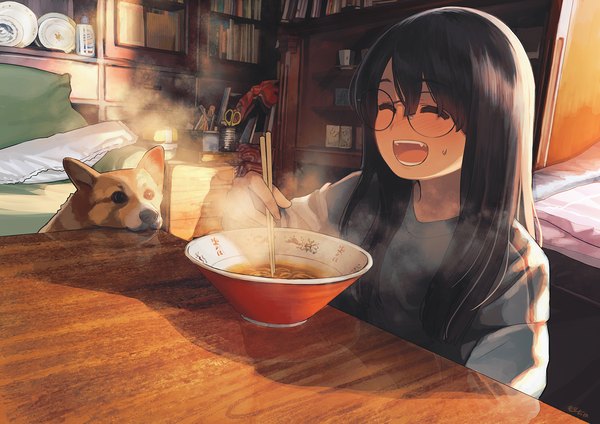 Anime picture 1500x1061 with original morifumi single long hair fringe open mouth black hair hair between eyes sitting signed indoors eyes closed reflection eating ^ ^ steam ^o^ welsh corgi girl animal